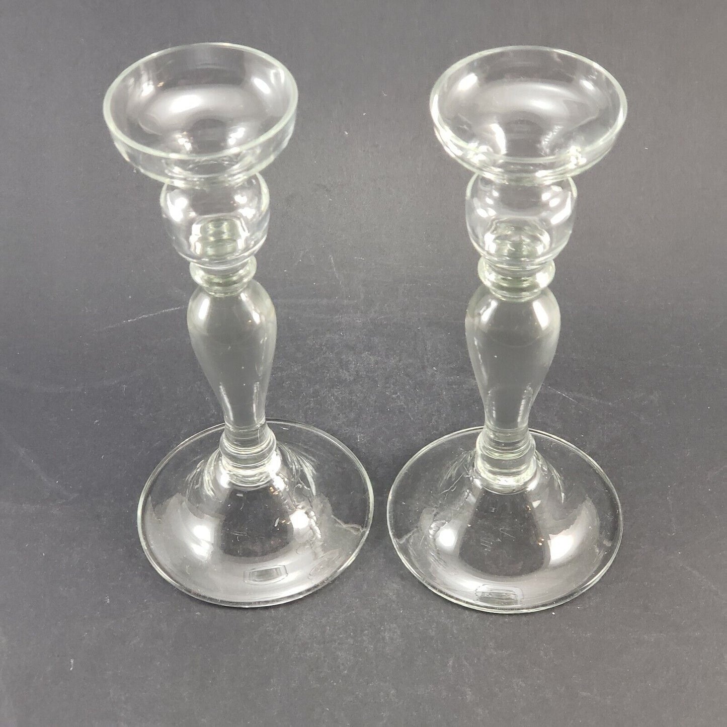Pair Crystal Clear Glass Candlesticks 9" Tall Vintage Wide Base Holders