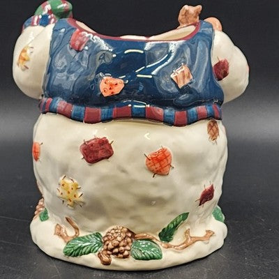 Ceramic Snowman Cookie Jar 13" w/ Birdhouse, Deer, Squirrel, Hat & Bowtie