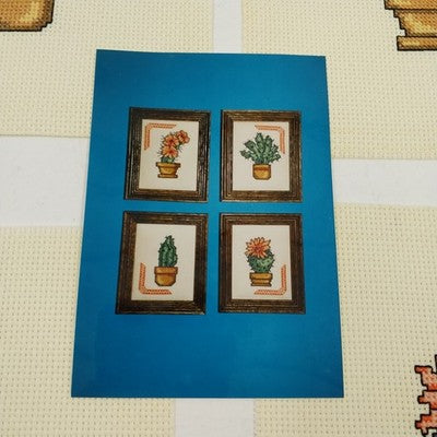 Set of 4 Completed Cross Stitch Desert Mini Vase Plants 6x7" Aida Cloth Unframed