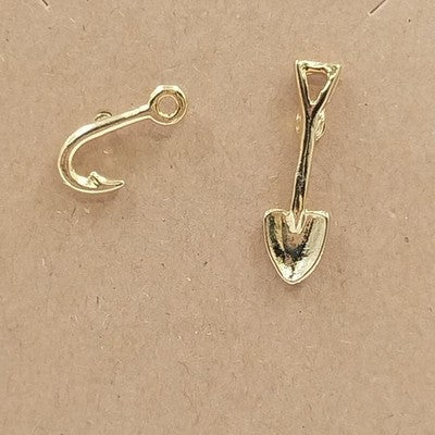 Gold Tone Shovel & Gold Tone Fishing Fish Hook Brooch Lapel Pins Tie Tack Vtg