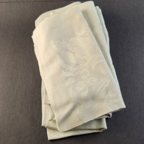 Set of 8 Cloth Napkins w Flower Design Vintage Silky Ivory Square 17"x17"