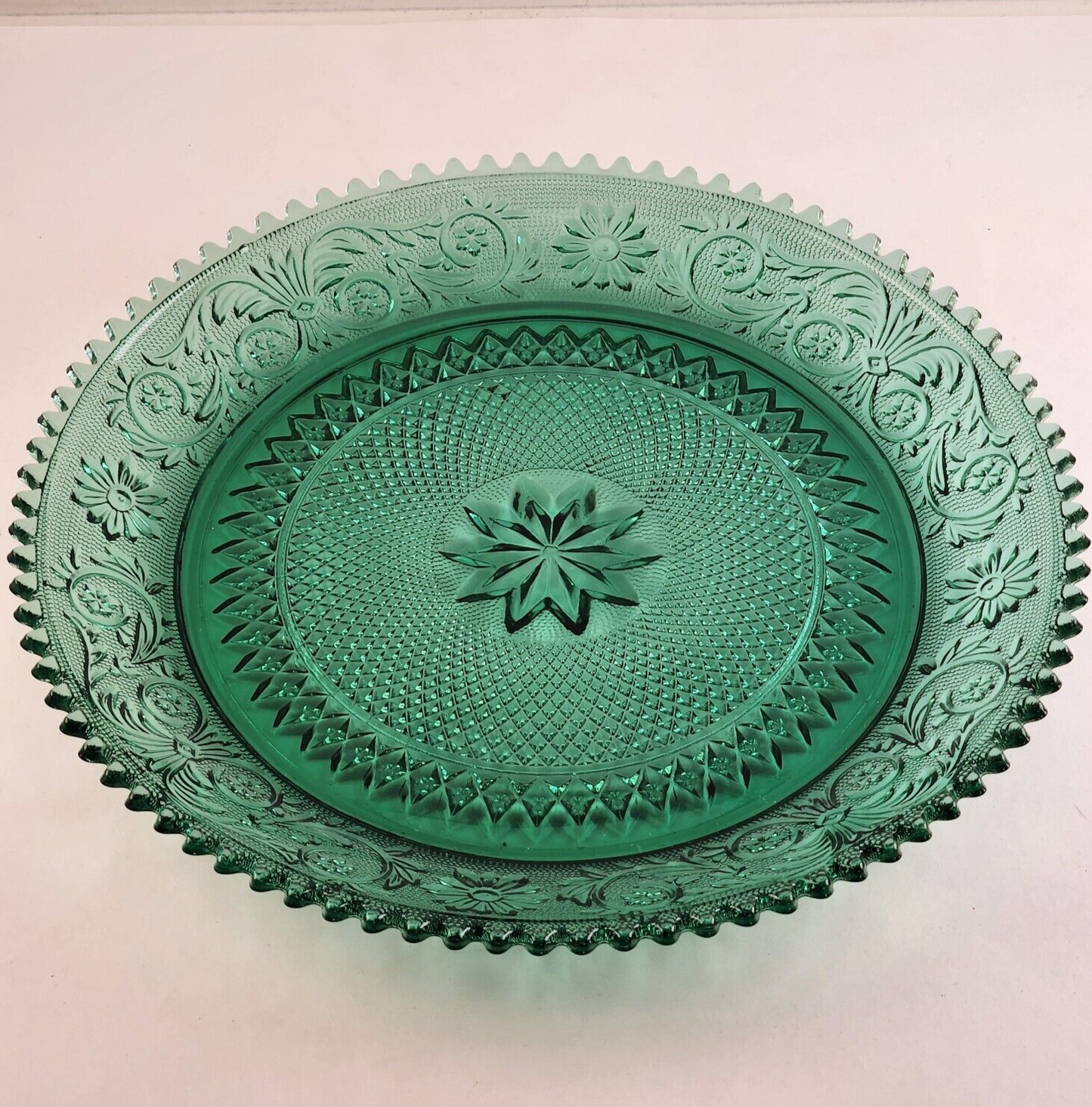 Indiana Glass Spruce Sandwich Tiara Green Platter Ribbed Trim Impressed Design