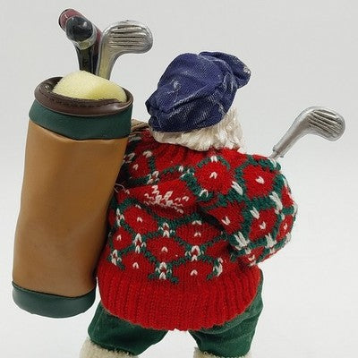 Golfing Santa Figurine Holiday Decoration 10" Fabric Mache Red Sweater Golf Bag