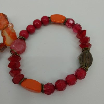 Set of 2 Bracelet Orange Marbled Red Faceted Faux Pearl Beaded with Gold Tone 7"