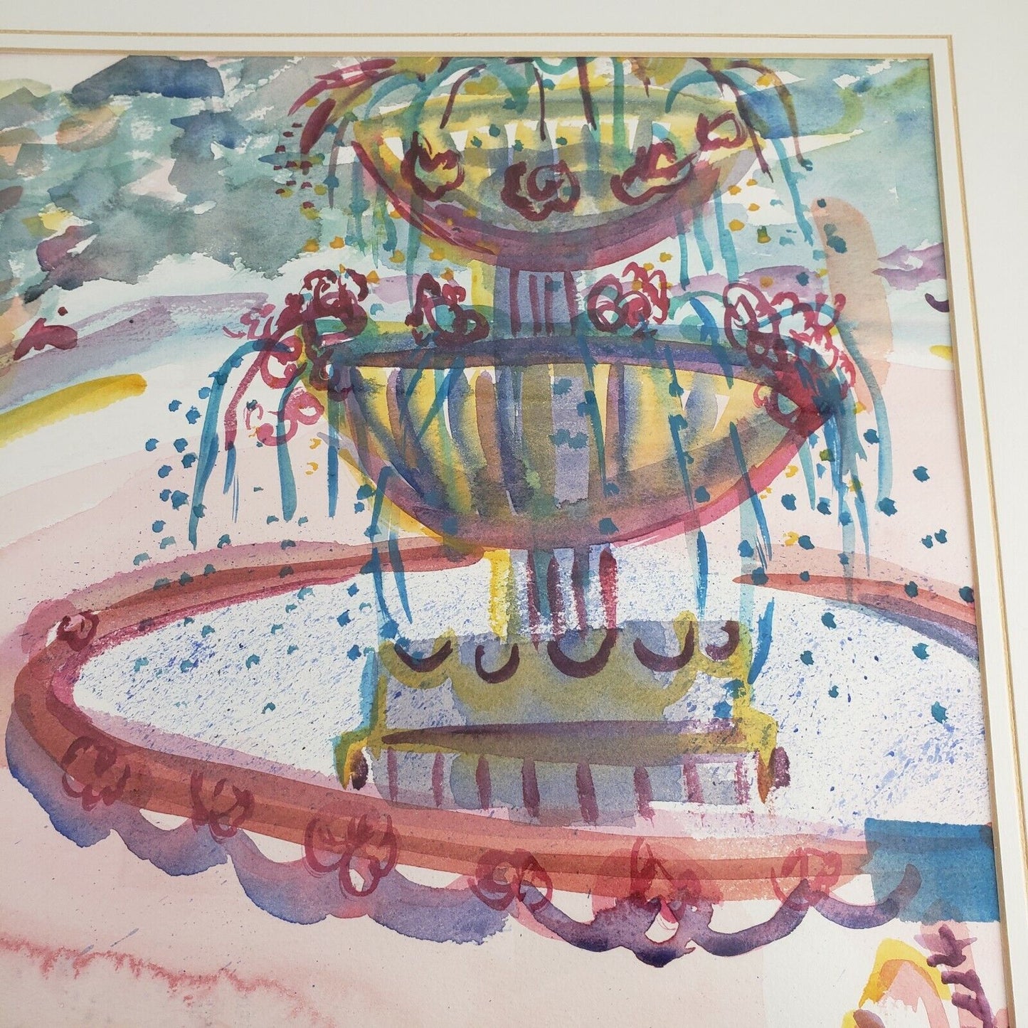 Original Carol Blades Watercolor Painting Water Fountain Lancaster OH Framed