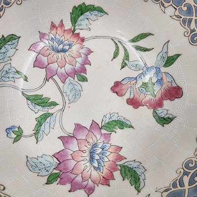 Macau Large Open Bowl 10"x4.5" Hand Painted Pink Blue Floral Design Vintage