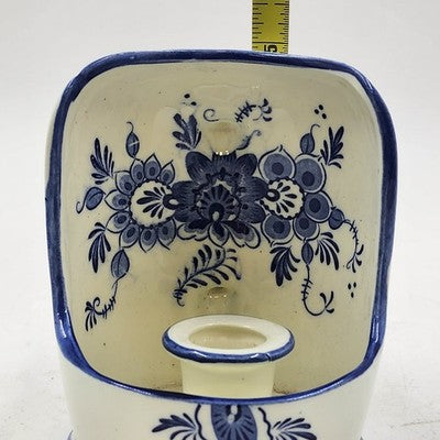 White with Blue Flower Design Scoop Shape Delftware Porcelain Candlestick Holder