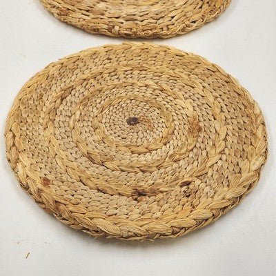 Set 2 Vintage Raffia Woven Round Trivets 8" Boho Kitchen Hot Pads Rustic Decor