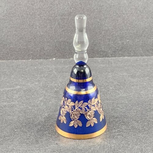Cobalt Blue Glass Bell w Clear Handle Gold Trim Bohemia Glan Czechoslovakia 4"