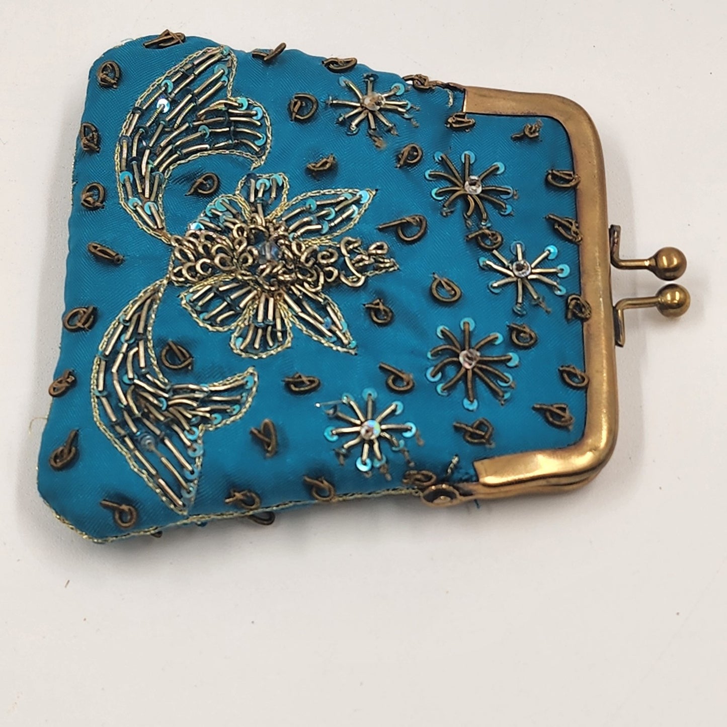Indian Coin Purse Brass Clasp Outline Stitch Sequins and Glass Beads Vintage 4"w