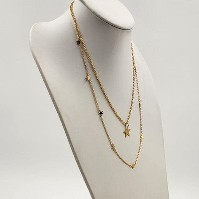 Gold Tone Figaro Chain with Charm Stars Two Strand Subtle Refined Necklace 12"