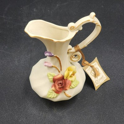 Arnart Antique Ivory Bisque Porcelain Vase Pitcher Raised Multicolor Roses 5"