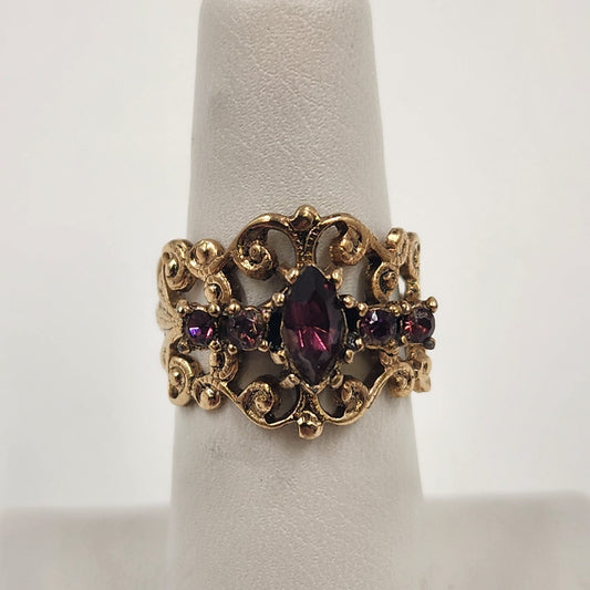 Gold Tone Filigree Ring Garnet Red Oval Stone Open Shank Size 6.25-6.5