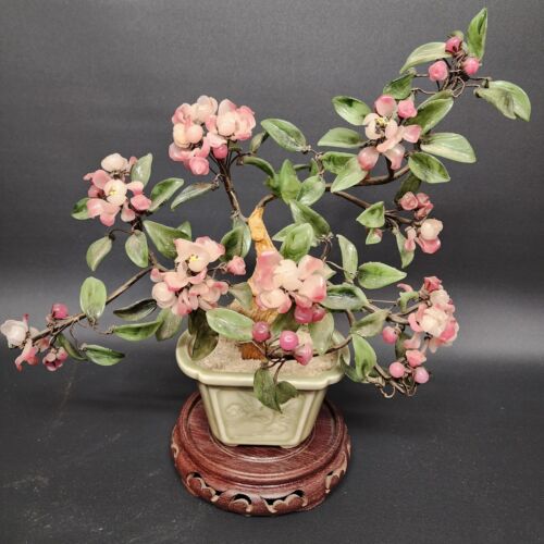 Japanese Bonsai Glass Tree Clay Pot Figurine Leaves Pink Flowers Wood Base Vtg