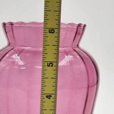 Vintage Pilgrim Cranberry Ribbed Art Glass Vase | 6” Tall | Hand-Blown Scalloped Rim Vase | Made in USA | Mid-Century Decor Accent