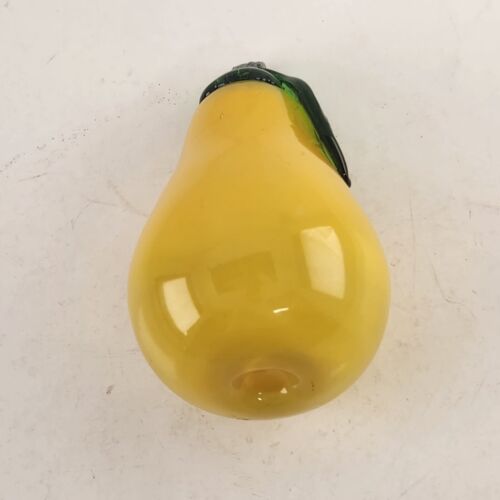 Art Glass Yellow Pear Green Stem Hand Crafted Decorative Vegetable 4.75" Tall