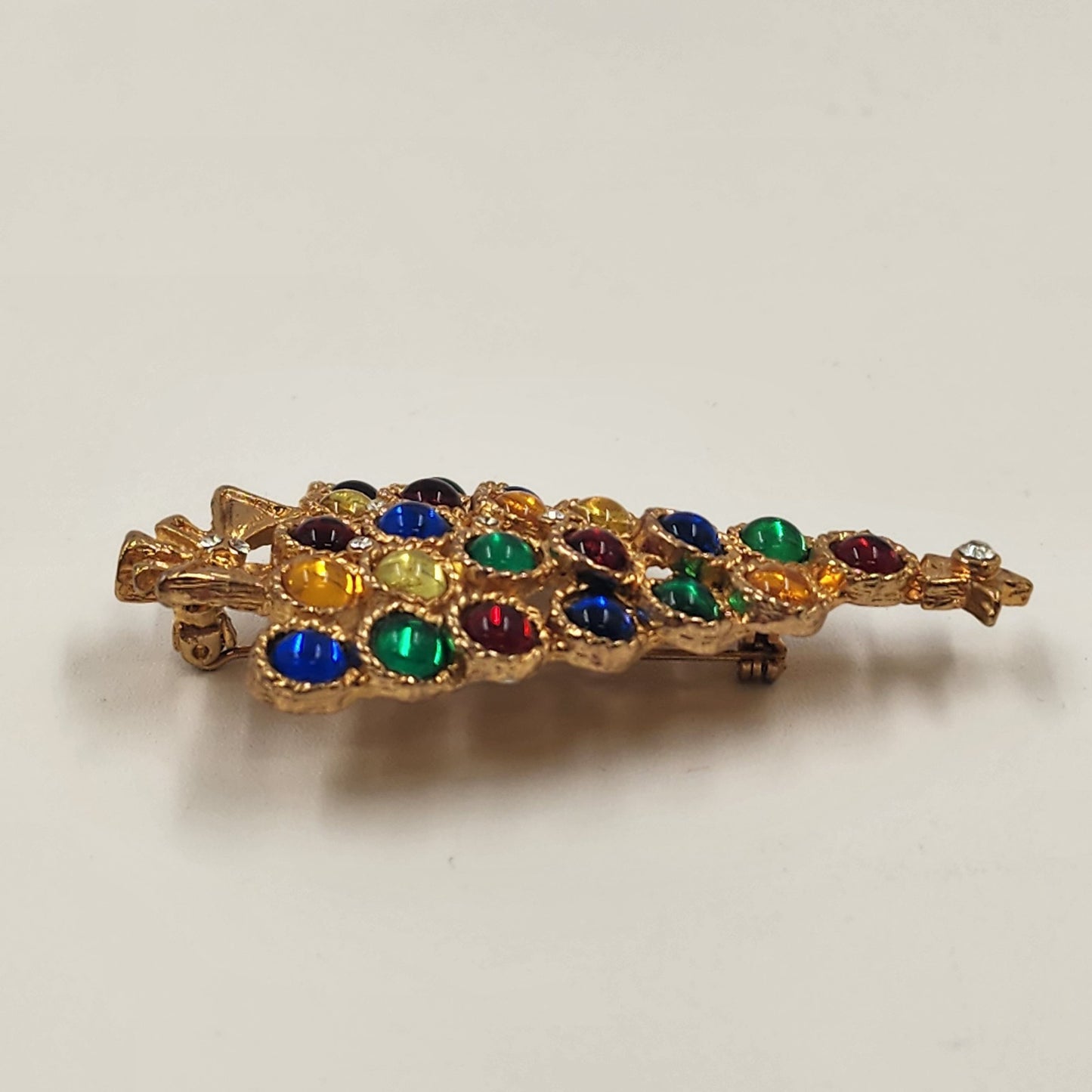 Christmas Tree Gold Tone Brooch w Multicolor Rhinestone Pin 2.5" Holiday Vintage