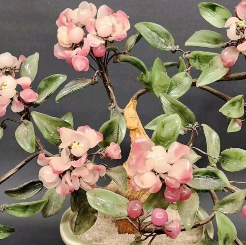 Japanese Bonsai Glass Tree Clay Pot Figurine Leaves Pink Flowers Wood Base Vtg