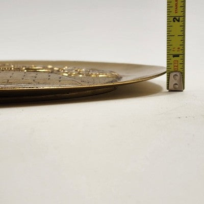 Solid Brass Charger Plate Engraved Temple Yin Yang Asian Dragons Heavy 11.5"