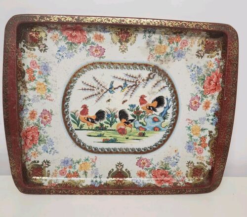 Daher Decorated Ware Rooster Metal Tray England 17.5" x 13.5" Vintage Country