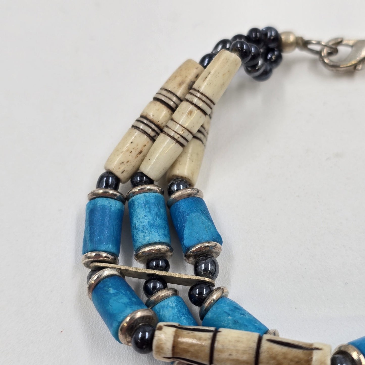 Blue White American Native Style Line Choker Beads 3 Strand Tribal Bracelet 7"
