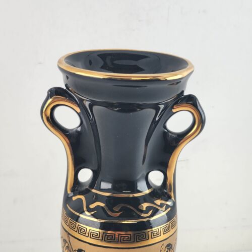 Greek Vase Black 24K Gold Vintage Handmade Mythology Images Marking 6.5" Greece