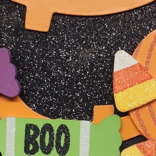 Halloween Welcome Sign Wall Decor Pumpkins Glitter Candy Images 11" x 11"