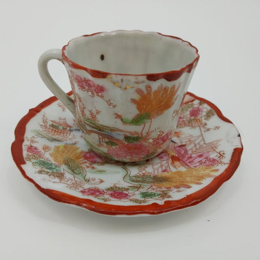 Kutani Eggshell Tea Cup and Saucer Japan Hand Painted Porcelain Geisha Ware 1900