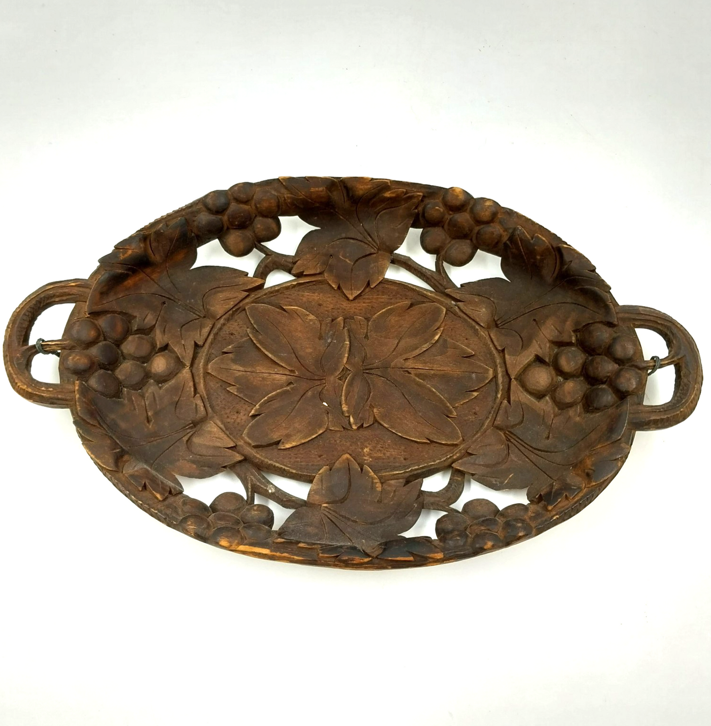 Wooden Hand-Carved Black Forest Serving Tray w Grape & Foliate Wall Decor 11x7"