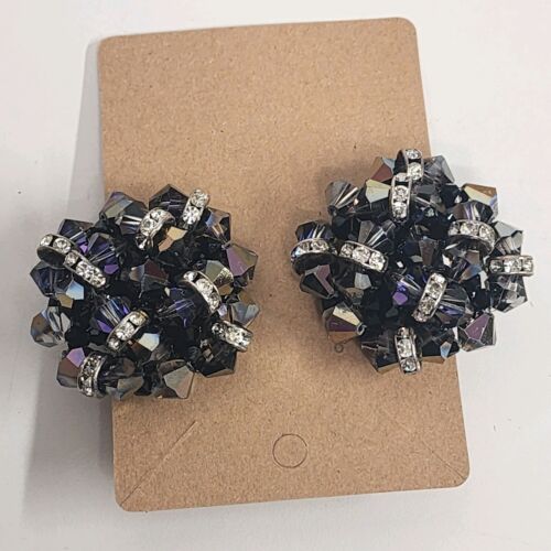 Amber Bead & Clear Rhinestone Clip-On Earrings 1.5" Diameter Vintage