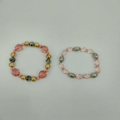 Set of 2 Bracelets Faux Pearl Silver Gold and Peach Tone Faceted Beads Stretch