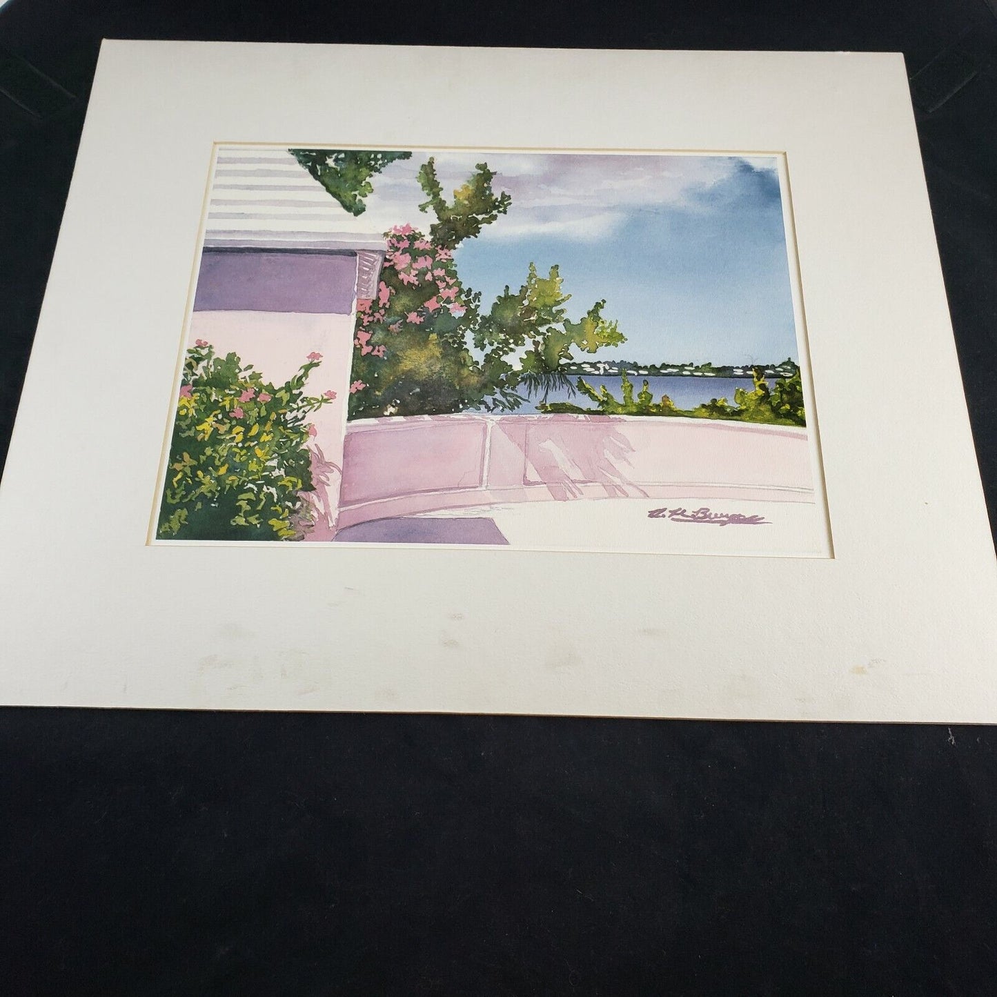 Watercolor Ocean Print 9x12 Signed Matted Beach Scene Pink Green