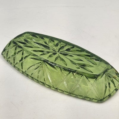 Hazel Atlas Oblong Relish Dish Green Glass Prescut Star & Scallop Edge 9.5"x4.5"