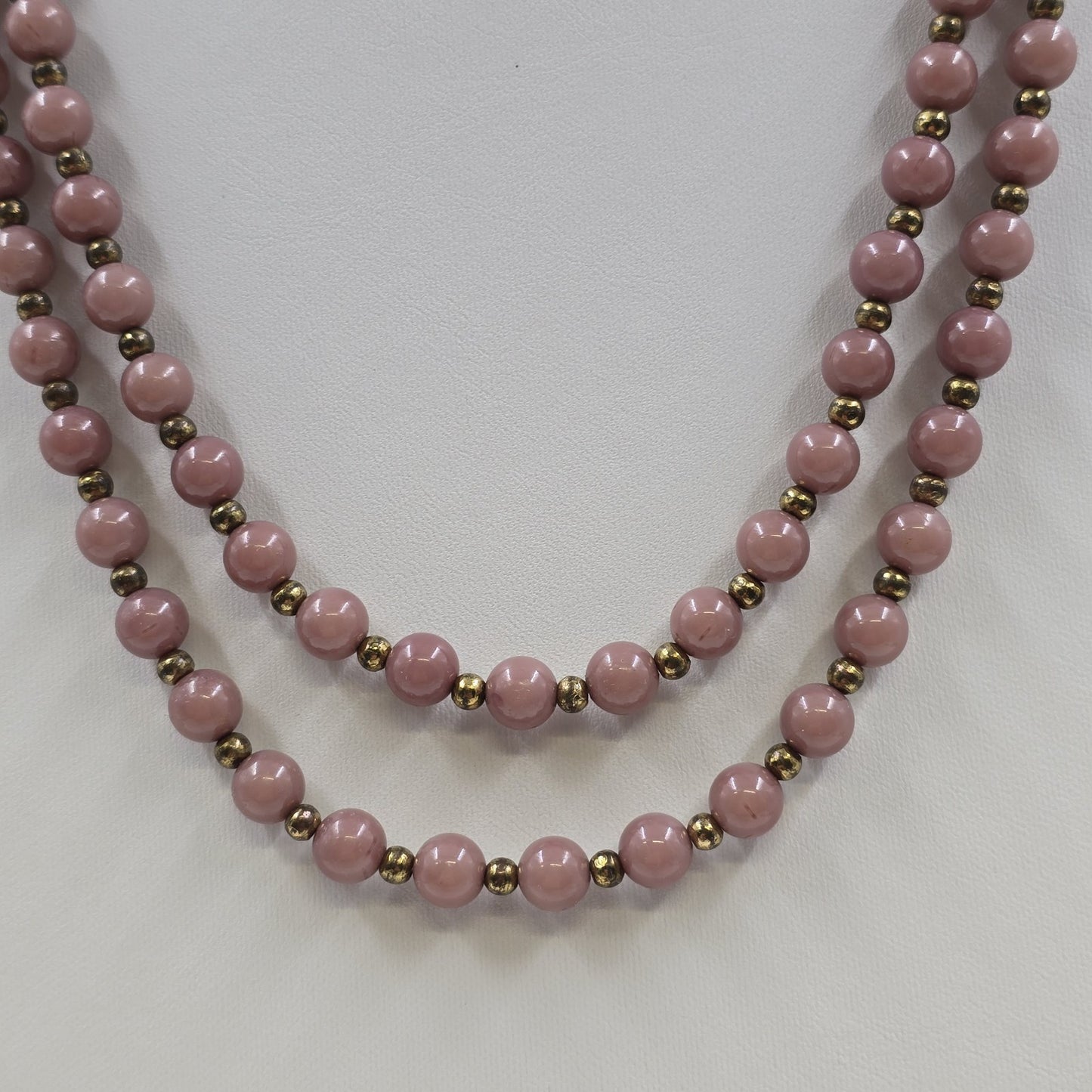 Gold Tone Pink Shiny Glass Faux Pearl Stone Bead Long Necklace 26.5"