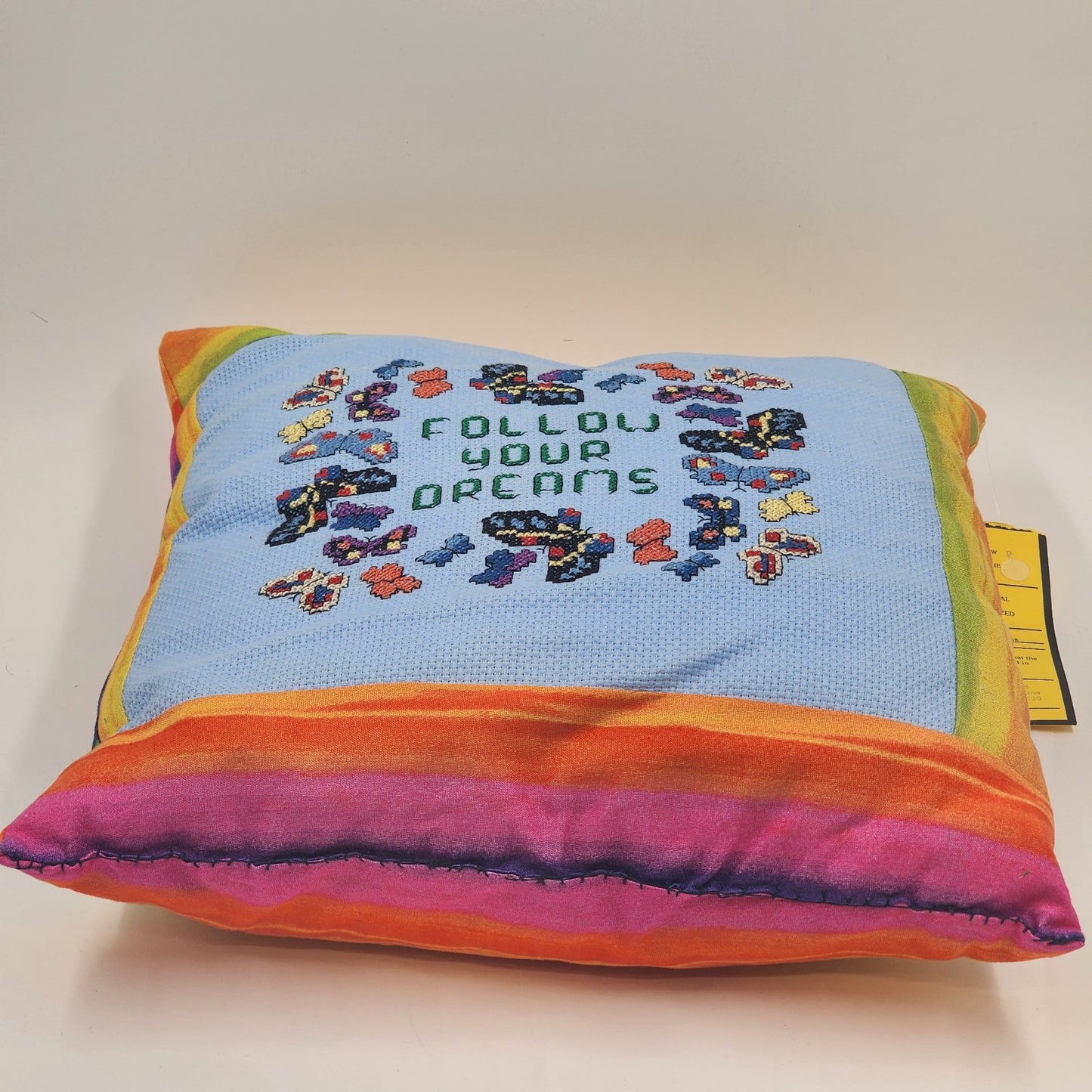 FOLLOW YOUR DREAMS Butterfly Needlepoint Colorful Throw Pillow 14” Square 1970's