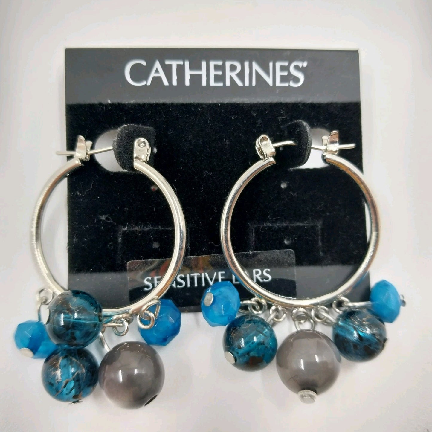 Catherines Silver Tone Blue Gray Dangle Bead Hook Earrings For Pierced Ear