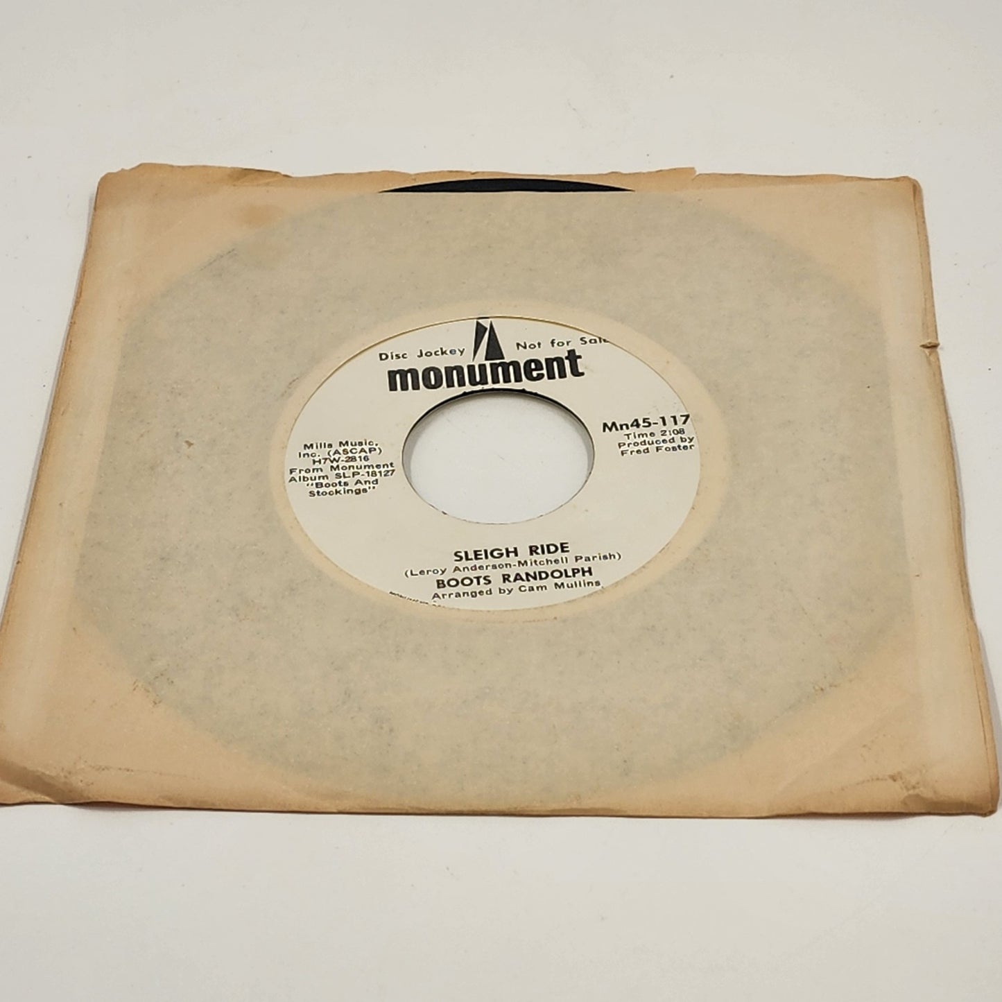 Boots Randolph Monument Record Sleigh Ride/White Christmas Vinyl 45 RPM 7" Promo