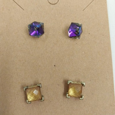 2 Pair Stud Earrings Gold Yellow & Silver Clear Purple Cube Stones