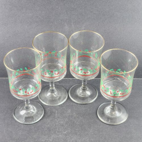 4 Arby's Stemmed Wine Glasses Christmas Holiday Holly Berry Cups Vintage 6.75" H