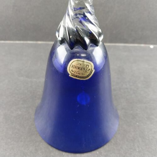 Crystal Cobalt Blue Bell w Clear Spiral Handle Bohemia Glan Czechoslovakia 7.75"