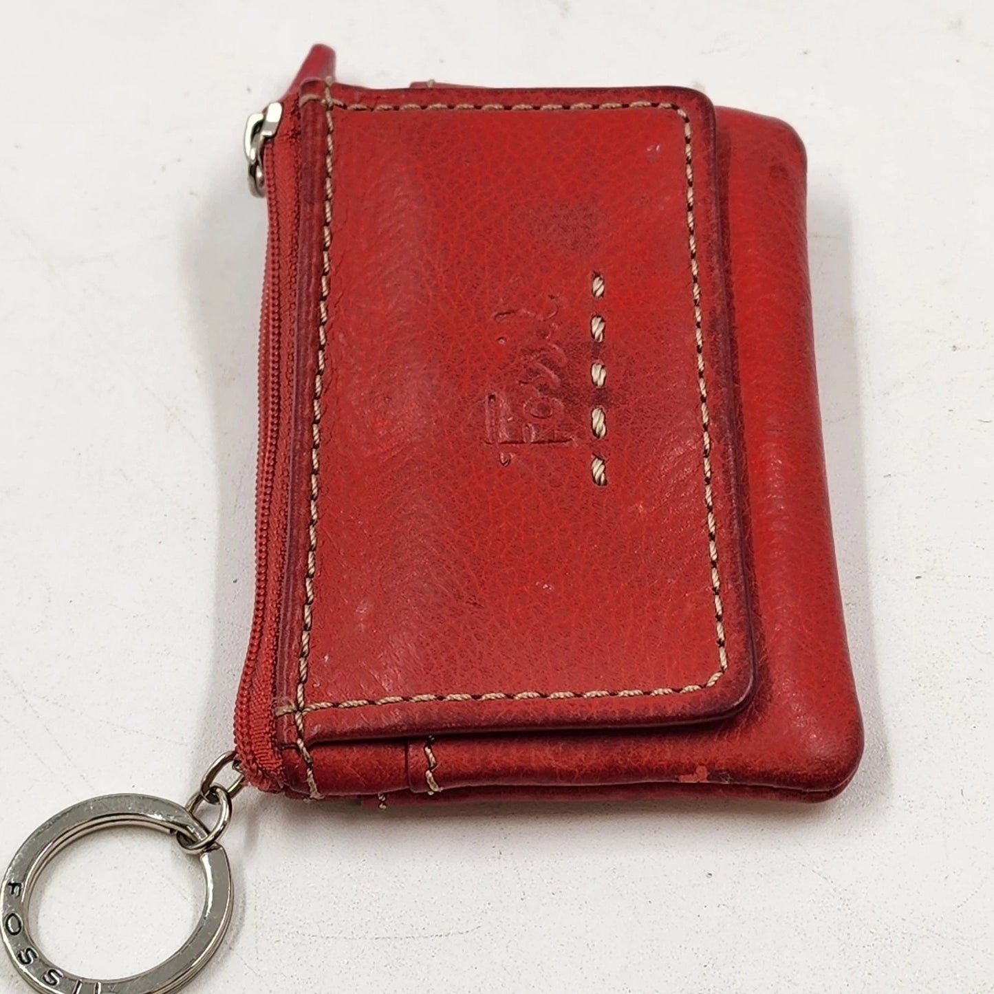 Fossil Red Leather Mini Wallet ID Window Keychain Coin Zip Pouch 4.25"