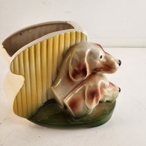 Royal Copley Dog Pottery Planter Vintage Yellow Green Flower Pot MCM