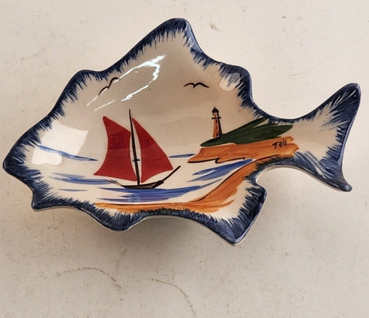 Vintage Tell UK Ceramic Nautical Trinket Dish Sailboat Fish Signed Tray