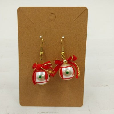 Christmas Ornament Ball Earring Red Striped Green Dot Bow Gold Tone Hook Holiday