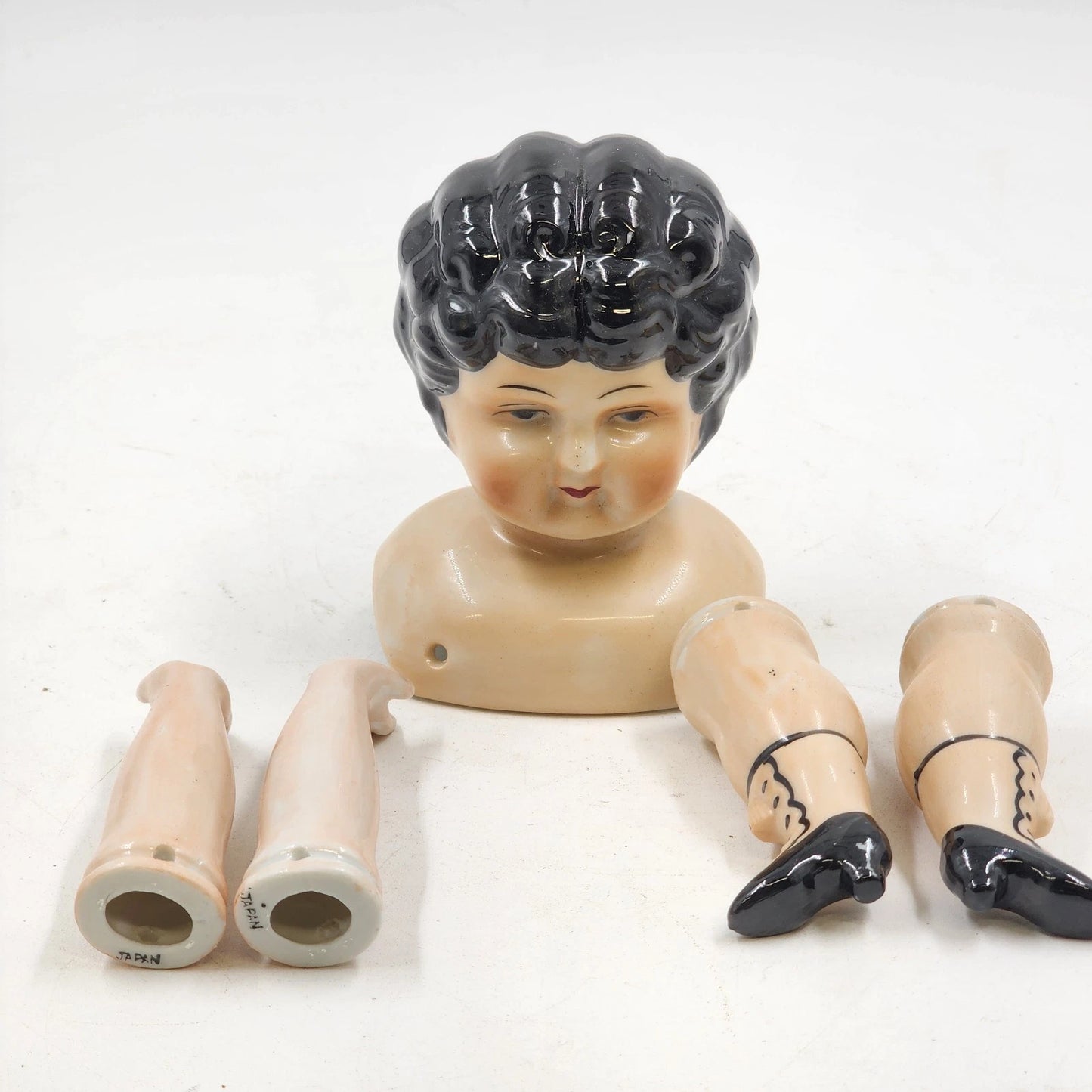 Porcelain Doll Making Parts 5 Piece Head Arms Legs Japan Black Curly Hair