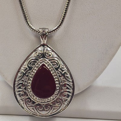 Silver Tone Reversible Teardrop Carnelian Black Pendant Snake Chain Damask Edge