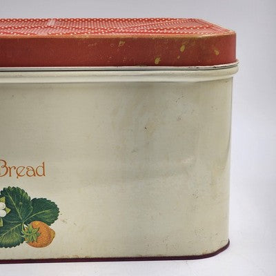 Cheinco Metal Tin Bread Box 13.5x9.5x8"h Strawberries & Leaf Red Lid Vintage MCM