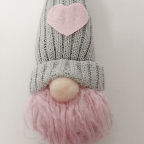 Pink Plush Valentines Day Faceless Gnome with Grey Hat Pink Hearts Yarn Beard