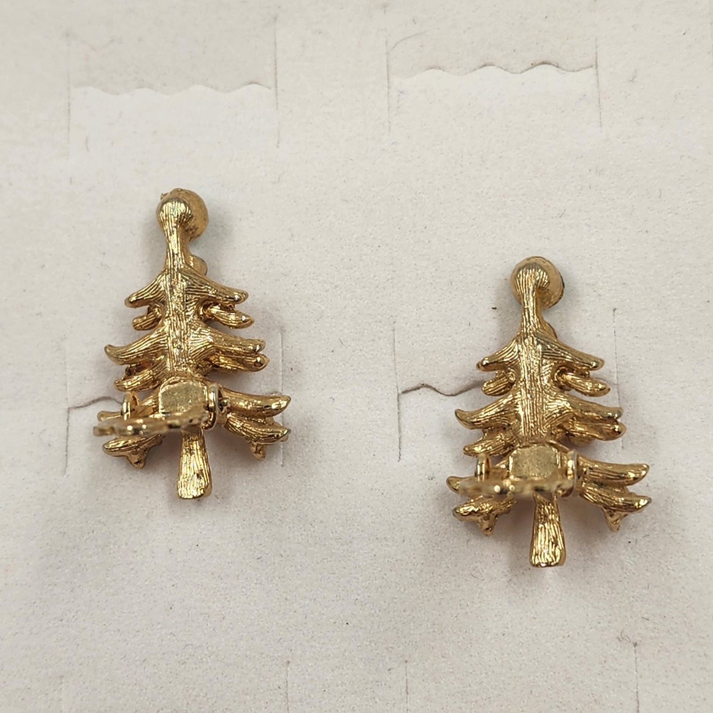 Christmas Tree Gold Tone Clip On Earrings Set w Red Green Rhinestones