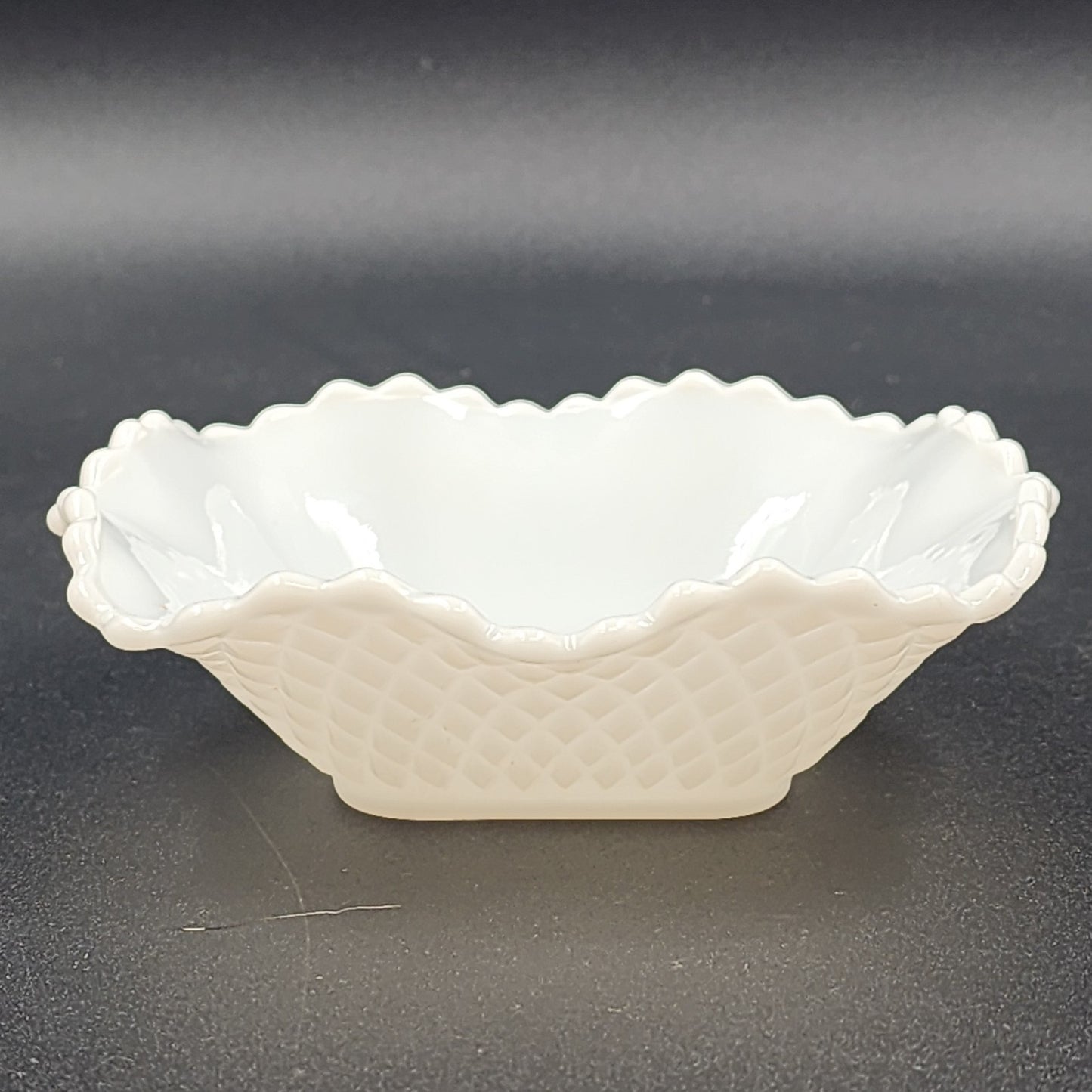 Hazel Atlas Milk Glass Candy Trinket Dish Diamond Point Square Ruffled MCM Vtg